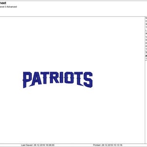 May include: An embroidered design of the word "PATRIOTS" in a bold, blocky font. The design is approximately 10 cm wide and 2.3 cm high.