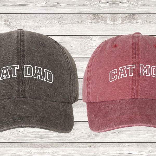Couples Hats, Cat Mom & Cat Varsity Arch Dad Pigment Dyed Unstructured Baseball Cap, Cat Mom, Cat Dad, Fur Mom, Fur Dad, Pet Lovers