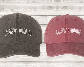 Couples Hats, Cat Mom & Cat Varsity Arch Dad Pigment Dyed Unstructured Baseball Cap, Cat Mom, Cat Dad, Fur Mom, Fur Dad, Pet Lovers