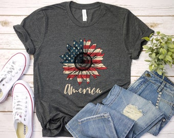 America Shirt T-Shirt, America Sunflower Flag Shirt, 4th Of July Shirt, Patriotic Shirt, USA Shirt, America Shirt, Cute USA Shirt