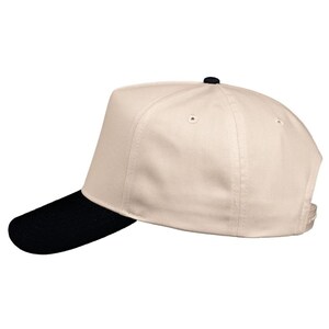 May include: A baseball cap with a cream-colored crown and a black brim. The cap has a structured design with a curved brim and a button on top. The hat is a classic accessory.