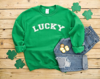 Lucky Varsity St Patrick's Day Heavy Blend Crewneck Sweatshirt, Lucky St Patrick's Day Sweater, St Paddy's Day, Lucky Sweaters, St. Patricks