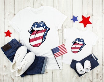 American Flag Tongue and Lips Distressed Fourth of July Matching Family Shirts, Grunge American Flag Shirt, Red White Blue 4th of July Shirt