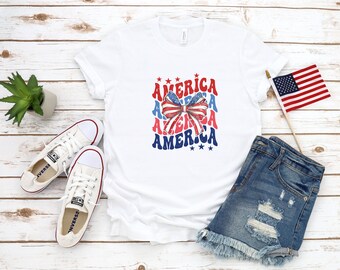 America Retro Bow Distressed T-Shirt, 4th Of July Shirt, Patriotic Shirt, USA Shirt, America Shirt, Gift For Her, USA Shirt, Bow, Coquette
