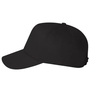 May include: A solid black baseball cap with a curved brim. The cap has a structured crown and an adjustable strap at the back. The hat is made of a durable fabric and is suitable for various outdoor activities.