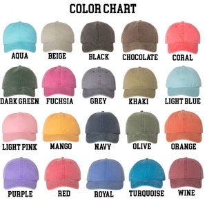 May include: Color chart showing 18 different colors of baseball caps. The colors are aqua, beige, black, chocolate, coral, dark green, fuchsia, grey, khaki, light blue, light pink, mango, navy, olive, orange, purple, red, royal, turquoise, and wine.