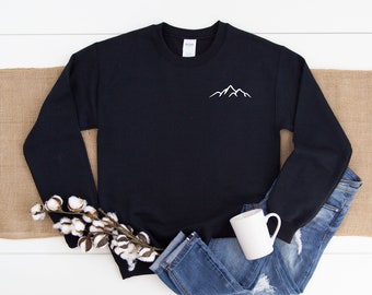 Hiking Shirt, Mountain Left Chest Heavy Blend Crewneck Sweatshirt, Mountain Sweater, Outdoors Sweater, Mountains, Camping, Hiking Sweaters