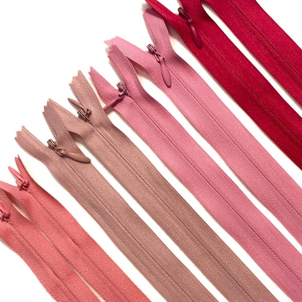 Lot of 8 Invisible Zippers 7-9" Multi Color Variety Pack - Dark Pink / Blush - PINK - Vintage New Old Stock YKK & SNS Zippers [Z23]