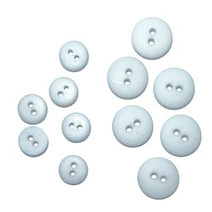 May include: A collection of light blue buttons in various sizes, each with two or three holes for sewing. The buttons are round and made of a smooth, matte material, scattered against a white background.