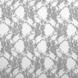 May include: A close-up of silver lace fabric with a delicate floral pattern. The lace is soft and sheer, with a subtle shimmer.