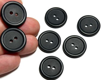 19mm Matte CHARCOAL/Black Resin Shirt Buttons: 3/4" Round Rim Vintage Buttons (Set of 6-24)