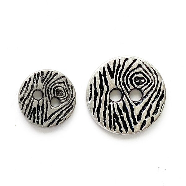 Set of 2-24 Cast Metal Wood Grain Buttons - 2 Sizes: 7/8" | 5/8"- 2 Hole Flat Silver Engraved Faux Bois Tree Bark Vintage 70s Buttons [B119]