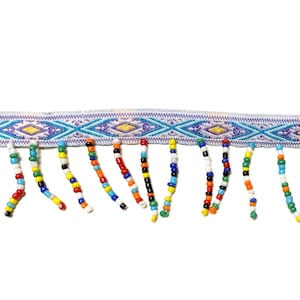 Lot of 1&quot; Multicolor Beaded Fringe Trim on 3/8&quot; Purple Chevron Woven Ribbon - Vintage 80s Boho Seed Beads - Apparel Deadstock Trim [T108]