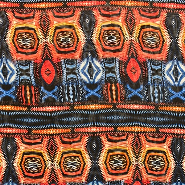 Psychedelic Sheer Pongee - Neon Tribal - Chiffon - Black / Blue / Orange - Boho / Geometric - Apparel Fabric by the Yard [F0032]