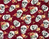 SALE Sheer Chiffon Skulls Roses Graphic Print - Chiffon Georgette - Halloween Day of the Dead - Apparel Fabric by the Yard F0085