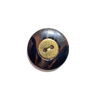 May include: A brown and black button with a gold centre. The button has a two-hole design.