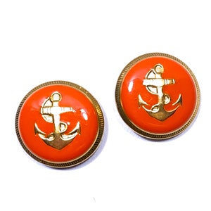 Set of 2-12 HUGE 45L Orange Enamel Anchor - 1 1/8&quot; | 28mm - Domed Gold Metal Shank High Quality Vintage 70s Costume Sailor Nautical [B3306]