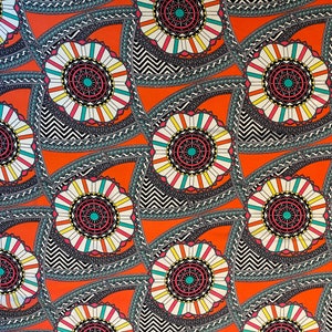 Pongee Print - Asian Fan - ON SALE! - Teal / Orange/ Black - Boho / Geometric - Apparel Fabric by the Yard [F0029]