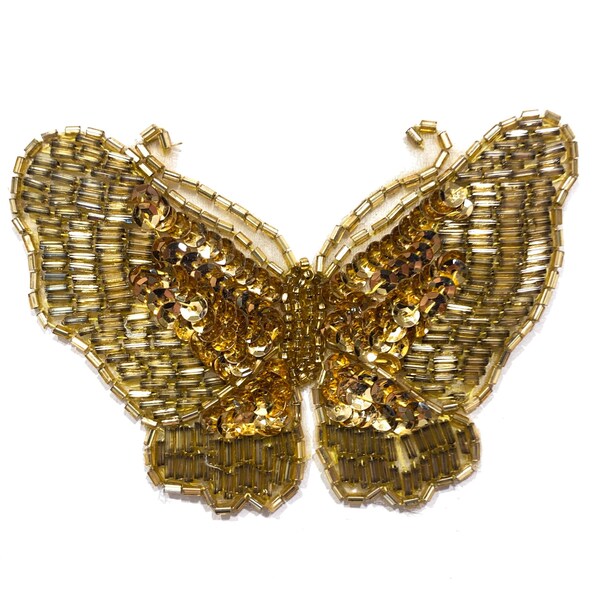 Vintage 60s Beaded Butterfly - 4.5" (11.4cm) - Appliqué GOLD Decorative Handmade Sew On Patch RARE Deadstock Couture Embellishment [T319]