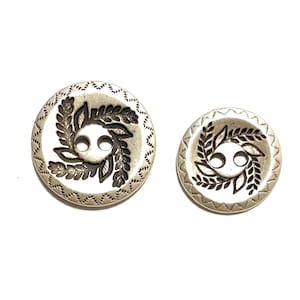 Set of LAUREL Cast Metal Buttons 7/8&quot; (23mm) & 3/4&quot; (19mm) - Engraved Look 2-Hole Round Antique Silver - Cast Metal Vintage Buttons [B3660]