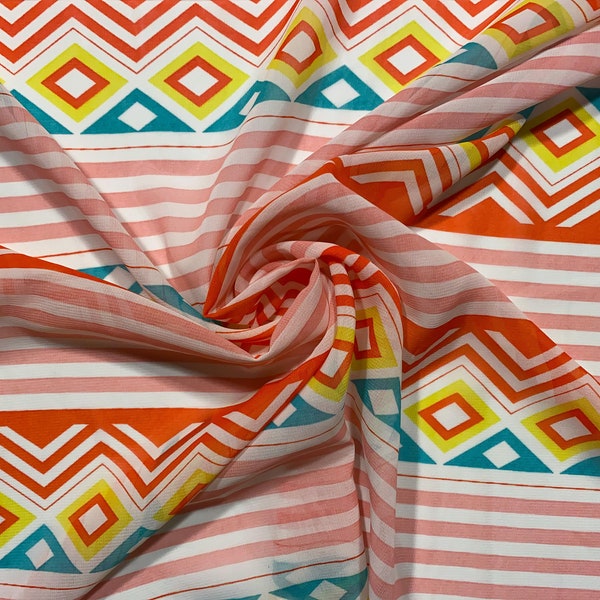 Southwest Pink Sunset Stripes - Boho Chiffon - Geometric / Zig Zag - Turquoise Pink Orange - Apparel Fabric by the Yard [F0275]
