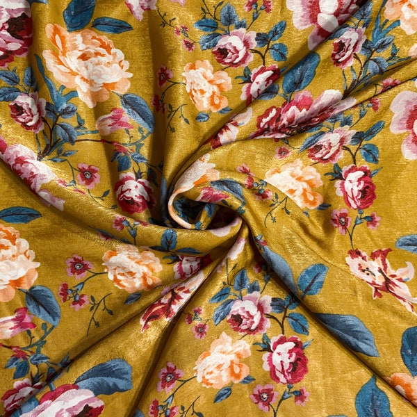 Brushed Satin Charmeuse - Romantic Floral Print - Mustard / Pink / Green - Soft Combed / Flowy! Deadstock Apparel Fabric by the Yard [F1054]