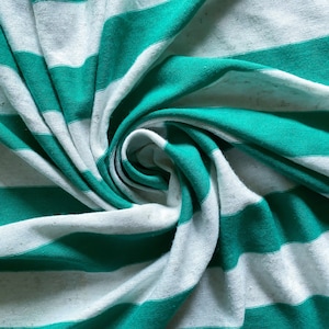 Rayon Jersey 1&quot; Stripe - Teal / Ivory - Soft! Yarn Dyed Stripe Stretch Knit - Athletic / Varsity Stripe - Apparel Fabric by the Yard [F0353]