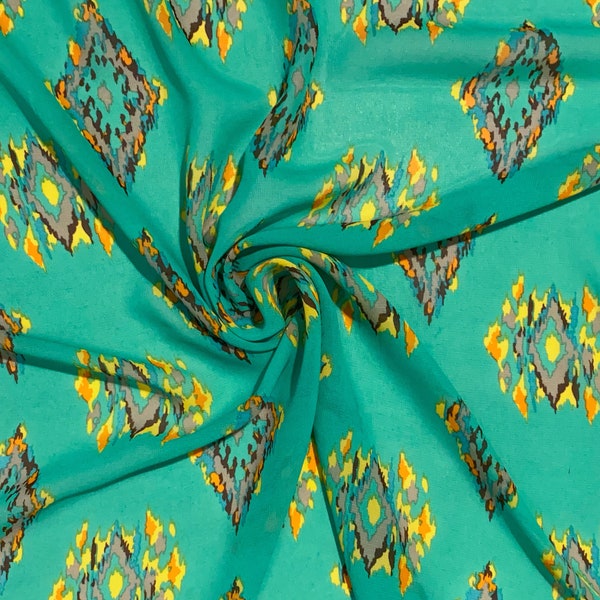 Teal Chiffon - Southwest Print - 2 Colors Available! - Soft / Sheer / Festival / Tribal / Ethnic / Wrap - Apparel Fabric by the Yard [F0429]