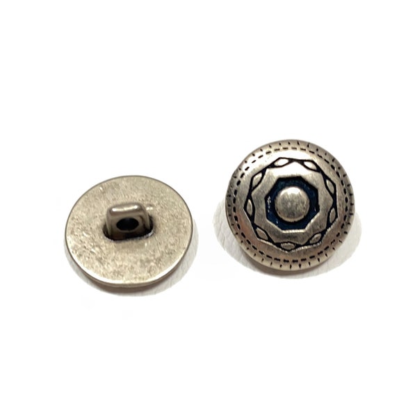 Set of 2-12 Metal Shank Buttons - 5/8 in | 15 mm - Cast Metal w/ Ornate Detail - Antique Silver 70s Vintage Tribal Southwest Button [B430]