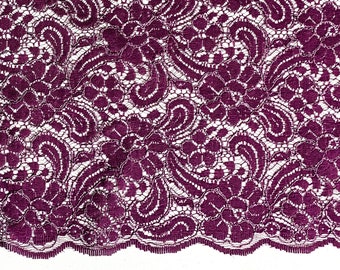 1-3 YDS Double Scalloped Embroidered Venice Lace: 50" Wide Plum Purple Fabric Remnant