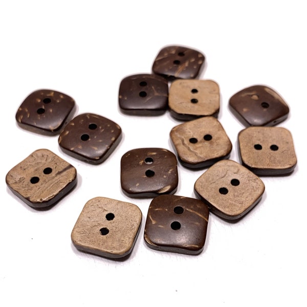 Set of 6-50 Coconut Shell Buttons - 1/2" | 13 mm - Square / Carved, Smooth / Buffed - Vintage 70s High Quality Handmade Wooden Button [B993]