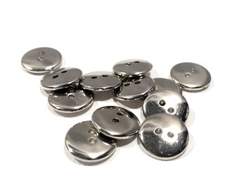 Set of 2-24 Shiny Silver 15mm Chrome METAL COATED Buttons - 9/16&quot; | 22L - Metallic Metalloid 2-Hole Flat Round Vintage 80s Buttons [B213]