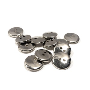 Set of 2-24 Shiny Silver 15mm Chrome METAL COATED Buttons - 9/16&quot; | 22L - Metallic Metalloid 2-Hole Flat Round Vintage 80s Buttons [B213]