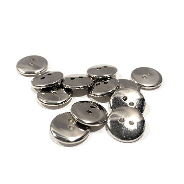 Shiny Silver Chrome Metal Coated Buttons - 14 mm | 9/16" | 22L - Metallic / Metalloid 2-Hole Flat Round Classic Look Vintage Buttons [B203]