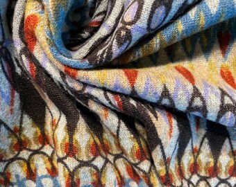 yellow boho hippy style brown with orange Vintage Geometric Polyester Knit Fabric 73x60 tribal print