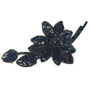 Vintage jaren 60 met pailletten en kralen, handgemaakt - 6" | 15 cm - ZWART - DECO FLOWER Bloemenapplicaties Vintage couture-versieringen opnaaiende patch [T339]