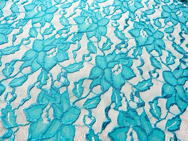 Embossed Lofted Look Lingerie Apparel Fabric by the Yard Nylon Mesh Lace Floral Stretch Lace AQUA BLUE F0808 Vivid Electric Blue