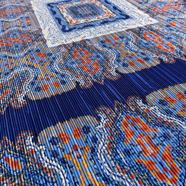 Pleated Scarf Panel Print - Blue / Orange /  White - 2 by 1 - Accordion / Fan Fold / Deadstock Apparel Fabric - Sold by the Panel [F0413]