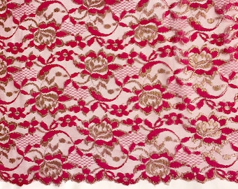 Renda drapeada vintage dupla com vieiras rosa e dourado trançado - 50" de largura - Tecido de alta qualidade para vestuário vintage dos anos 80, estoque morto, por metro [F1412]