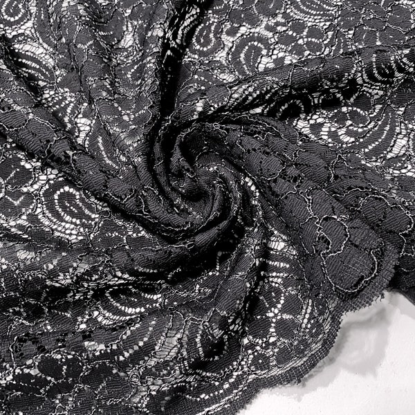 Venice Lace - Double Scalloped - CHARCOAL - 50" Wide - Embroidered Lace Floral - Bridal Wedding Apparel Fabric by the Yard & HALF Yd [F0757]