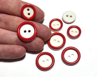 Botones de resina brillante de 15 mm / 19 mm: Botones vintage de los años 60 en capas ROJO/BLANCO de 5/8" / 3/4" (Juego de 2 a 24)