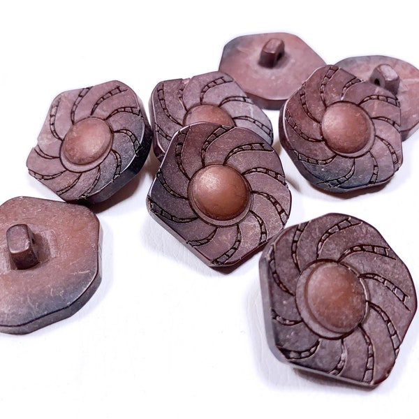 Set of Carved Abstract Floral Buttons 40 L | 1 in | 25 mm - Dark Wood Shank, Round - Large Carved Flower - Natural Wooden Button [B256]