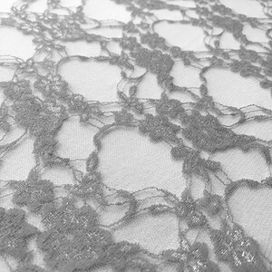 May include: Silver lace fabric with a delicate floral pattern. The lace is sheer and has a subtle shimmer.