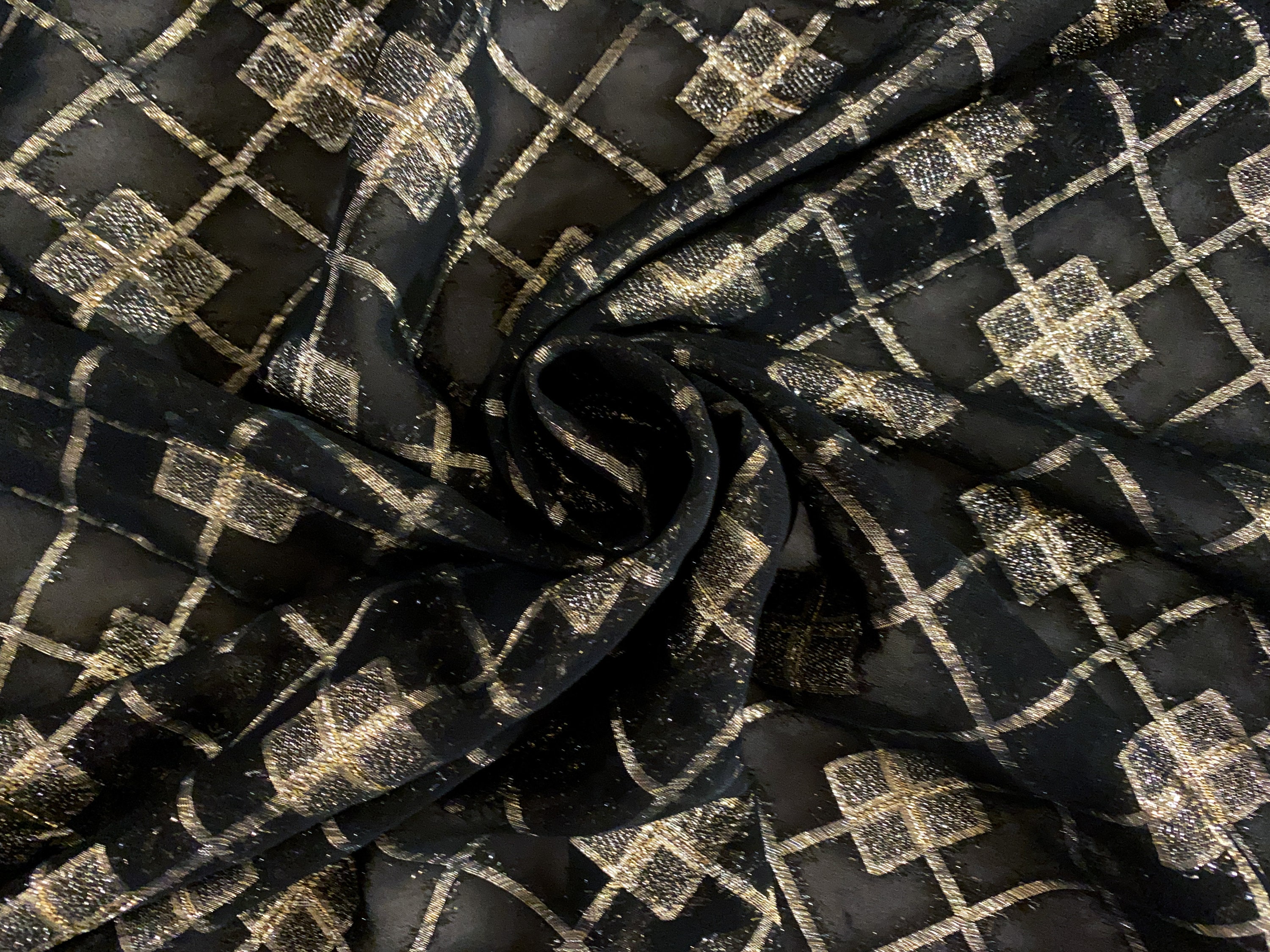 Vintage 80s COTTON Woven METALLIC Lurex Bias Plaid Print Black 