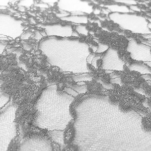 May include: Silver glitter lace fabric with a delicate floral pattern. The lace is sheer and has a soft, flowing texture.
