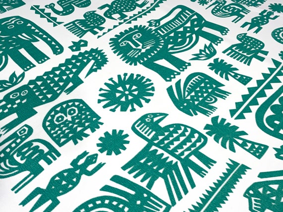 2+ YD Rayon (Modal) Georgette TEAL - Elephant / Jungle Animal - Block Print Woodcut Ethnic Boho - Deadstock Apparel Fabric Remnants [F1145]