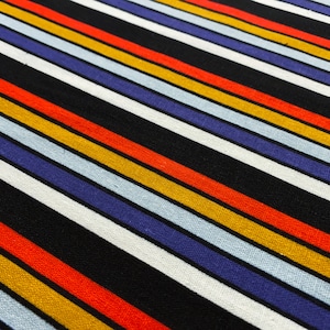 Rayón de lino (1 yarda, 30 cm), estampado pop art de rayas de los 70, fibras naturales tejidas - Negro/Blanco/Rojo/Azul - Retales de tela para ropa [F1051]