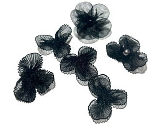 Veel van 50 FRANSE zwarte bloemen van 1" appliqué: gerimpeld gaas bloemen vintage kleding/ambachten dode inventaris