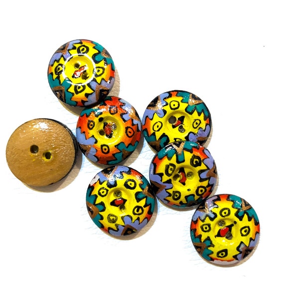 Set of Hand Painted Wooden Buttons - 5/8" | 16mm Glossy 2-Hole - Mexican Southwest Latin American Handmade Vintage 70s Button [B4979]