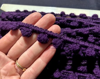 16-YDS WOOL Vintage 50s Pompom Trim: 3/4" Wide PLUM Purple Pom Pom Antique Deadstock Lot